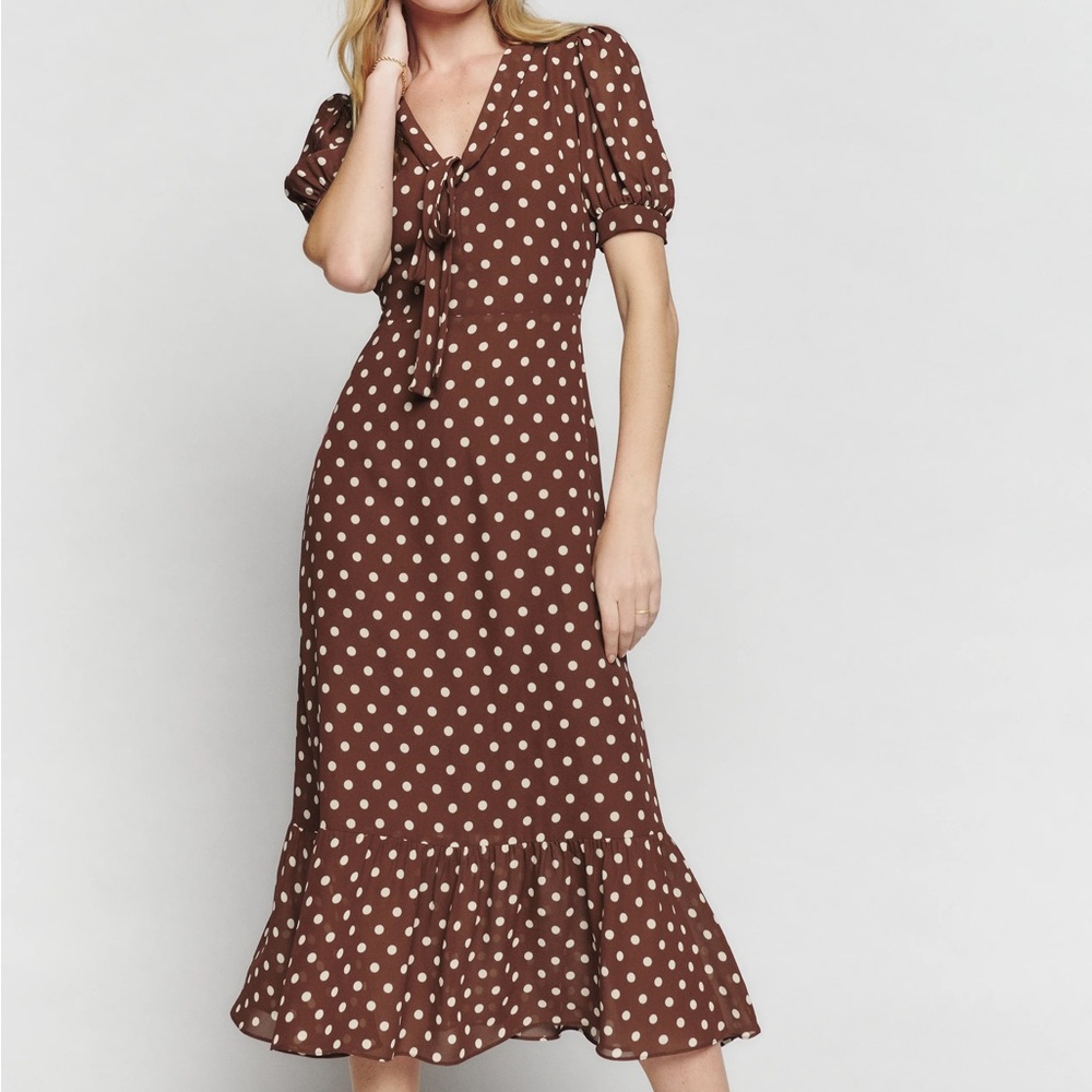 NWT Reformation Reeds Brown Polka Dot Dress Women’s  sz 8